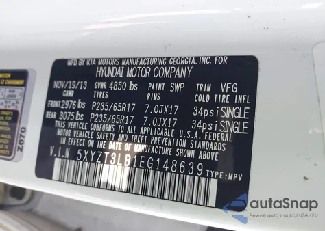 2014 Hyundai Santa Fe Sport 2.4L z USA, uszkodzony, nr VIN 5XYZT3LB1EG148639